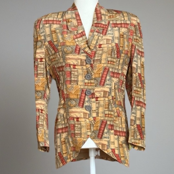 90s O’Trio Paris Library Bookshelf Print Blazer Dark Academia Parisian Size M - Picture 1 of 14